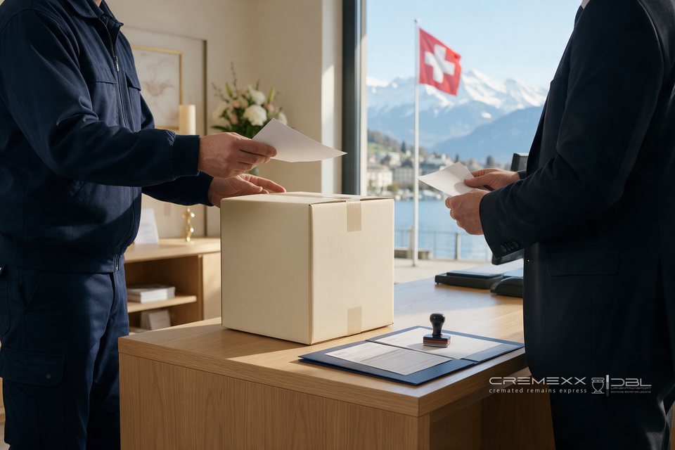 &Uuml;bergabe von Zollpapieren und einer Urnen-Transportbox in einem Schweizer Bestattungsinstitut, drau&szlig;en See, Alpen und Schweizer Flagge