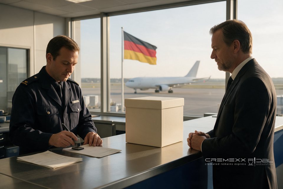 Zollabfertigung einer eingetroffenen Urnen-Transportbox am deutschen Luftfrachtterminal, drau&szlig;en die deutsche Flagge