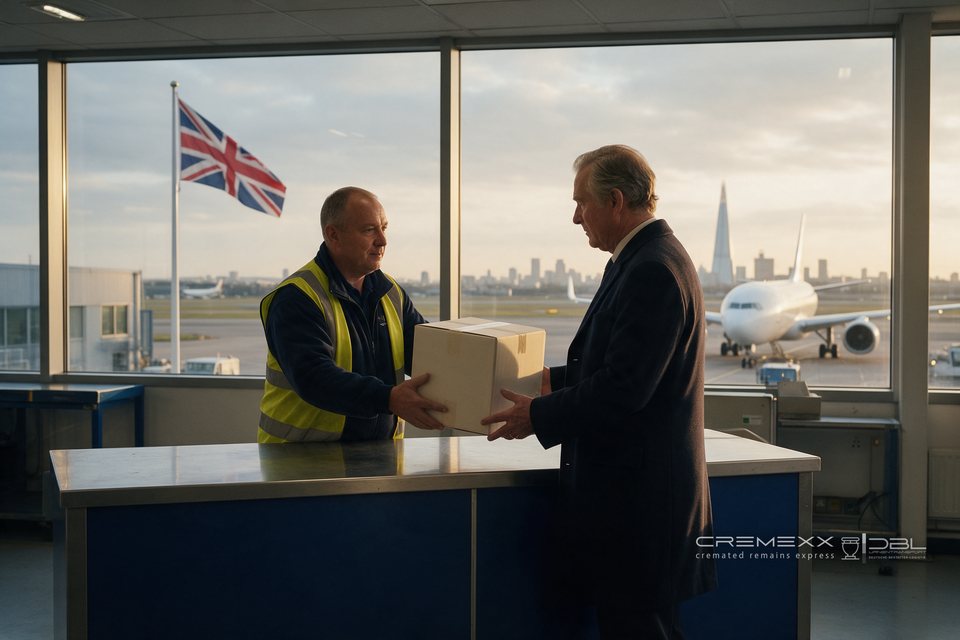 Ein Bestatter &uuml;bernimmt eine Urnen-Transportbox am Ausgabeschalter eines Londoner Luftfrachtterminals, drau&szlig;en Union Jack und Skyline