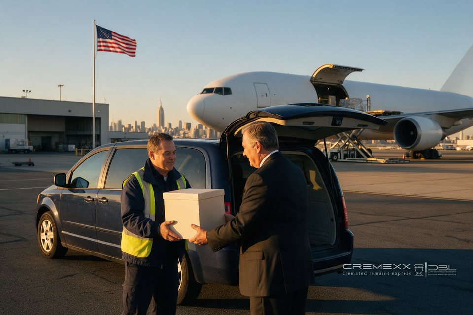&Uuml;bergabe einer Urnen-Transportbox an einen Bestatter auf dem Vorfeld, im Hintergrund US-Flagge, Frachtflugzeug und Skyline von New York