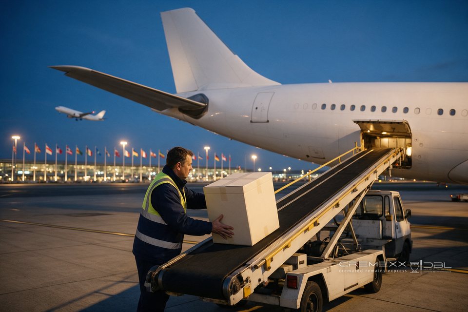 Eine Urnen-Transportbox wird &uuml;ber ein F&ouml;rderband in den Frachtraum eines Flugzeugs geladen, im Hintergrund Nationalflaggen vor dem Terminal