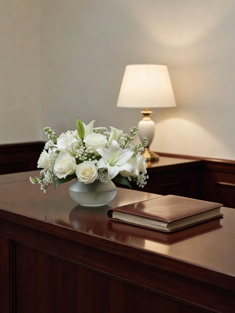 Empfang eines Bestattungshauses mit wei&szlig;en Blumen und Kondolenzbuch
