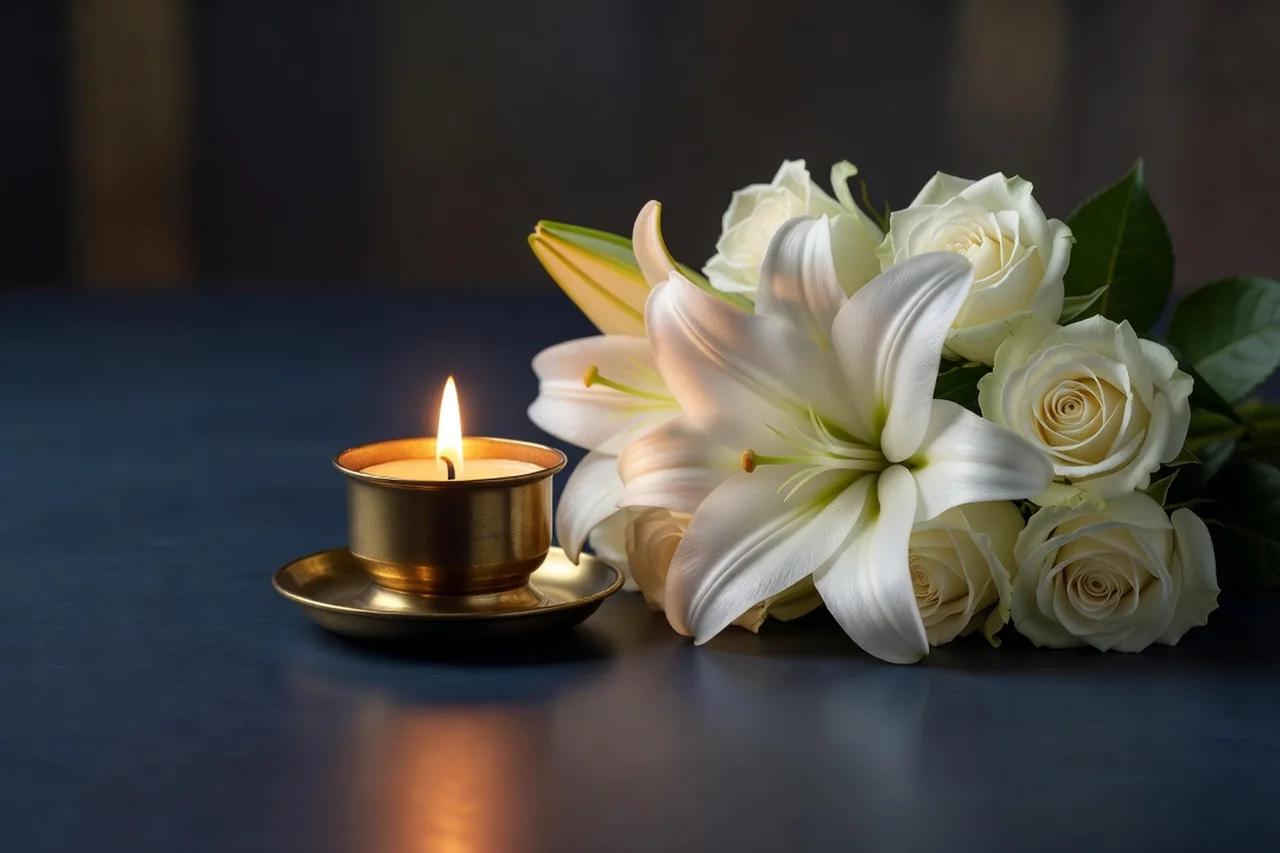 Gedenkkerze mit wei&szlig;en Lilien und Rosen &ndash; Bestattersuche und Urnen&uuml;berf&uuml;hrung mit CREMEXX&reg;