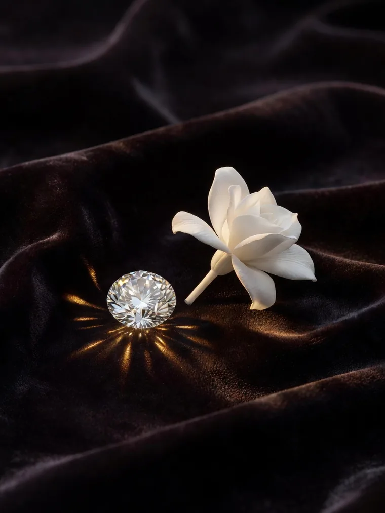 Erinnerungsdiamant neben einer wei&szlig;en Bl&uuml;te auf dunklem Samt