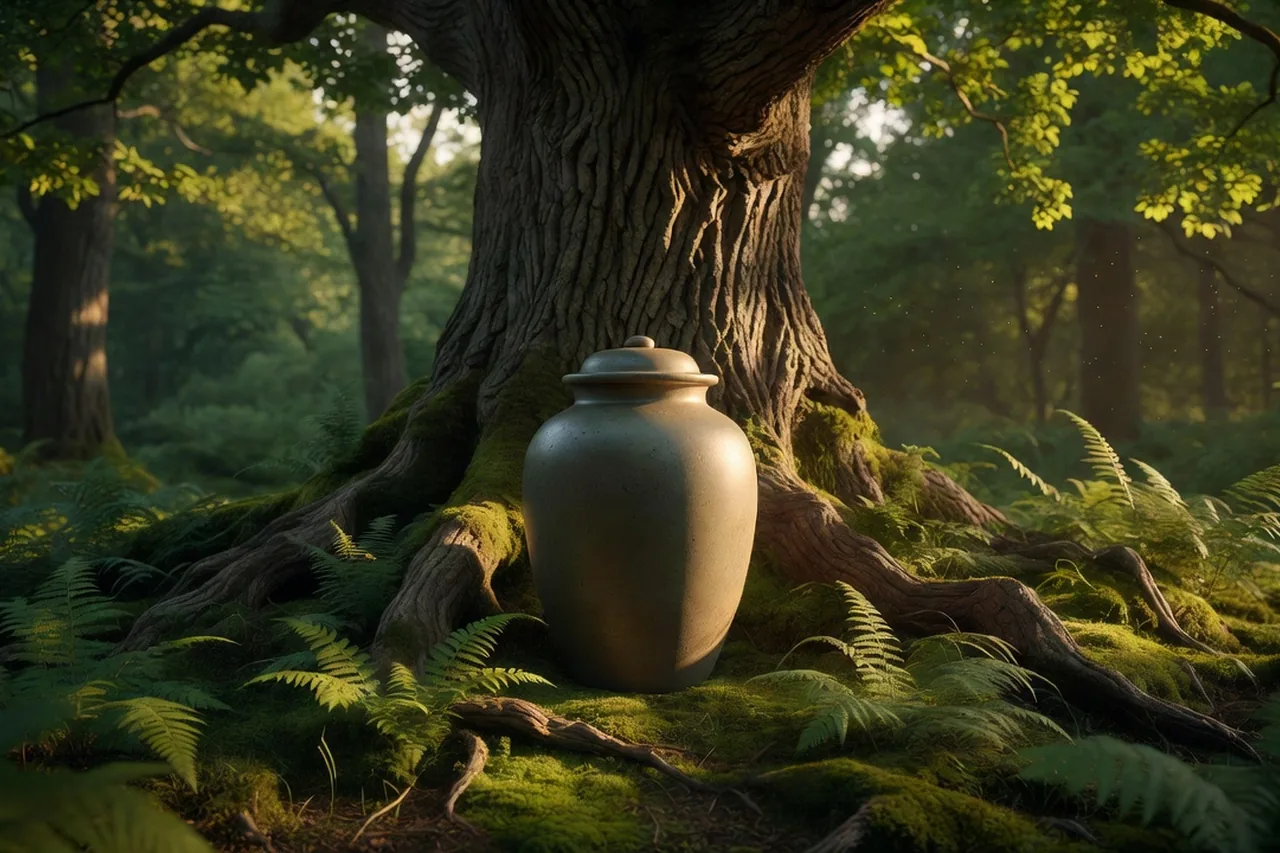 W&uuml;rdevolle Urne an einem alten Baum im sonnigen Wald &ndash; CREMEXX&reg; Baum- und Waldbestattung