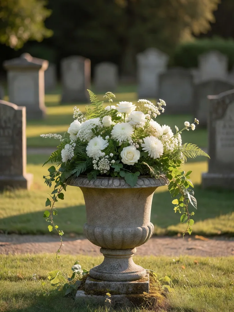 Schmuck-Steinurne mit wei&szlig;en Blumen auf einem gepflegten Friedhof &ndash; Urnengrab