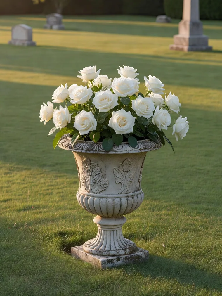 Steinurne mit wei&szlig;en Rosen auf einer ruhigen Friedhofswiese