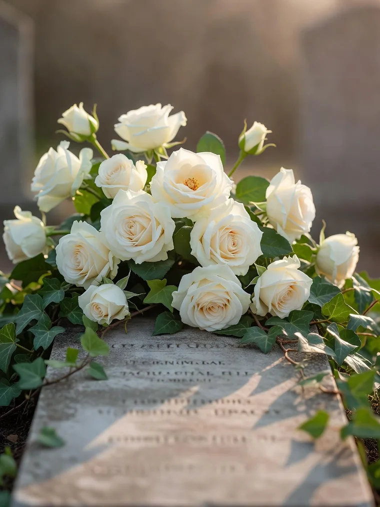 Wei&szlig;e Rosen und Efeu auf einem ruhigen Grab im warmen Licht