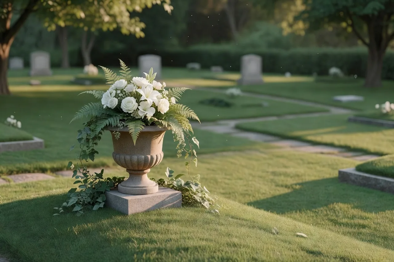 Urnengrab mit wei&szlig;en Blumen auf einem ruhigen Friedhof &ndash; CREMEXX&reg;