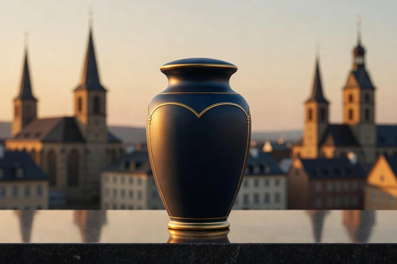 W&uuml;rdevolle Urne vor einer deutschen Altstadt-Silhouette &ndash; Urnen&uuml;berf&uuml;hrung nach Deutschland mit CREMEXX&reg;