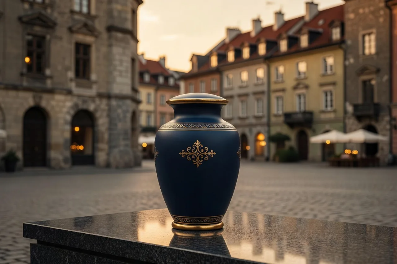 W&uuml;rdevolle Urne vor einem polnischen Altstadt-Marktplatz &ndash; Urnen&uuml;berf&uuml;hrung nach Polen mit CREMEXX&reg;
