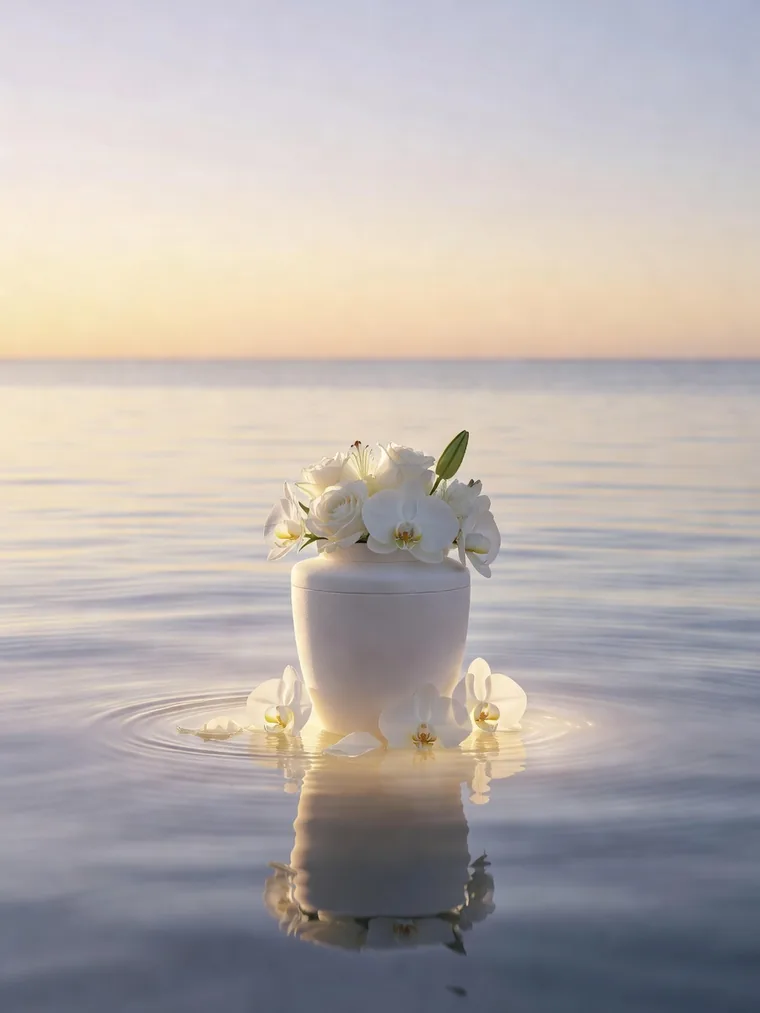 Wasserl&ouml;sliche wei&szlig;e See-Urne mit wei&szlig;en Bl&uuml;ten auf ruhiger Meeresoberfl&auml;che im Morgenlicht &ndash; Seebestattung in Nord- und Ostsee