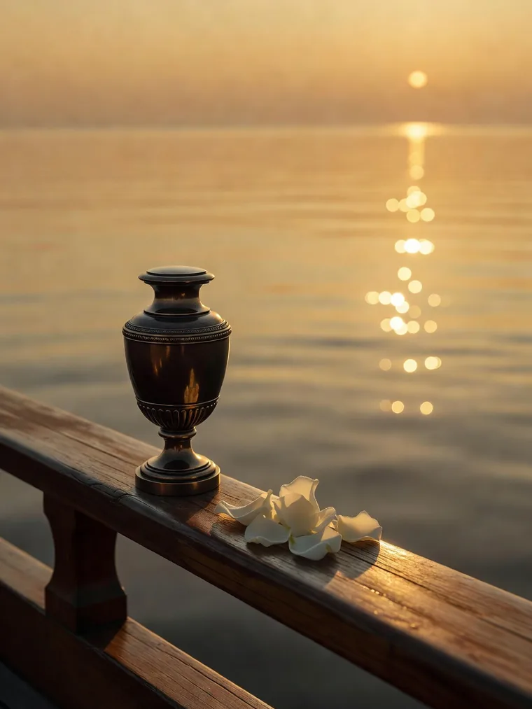 Dunkle Urne und wei&szlig;e Blumen an der Reling eines Bootes &uuml;ber ruhiger See im goldenen Licht