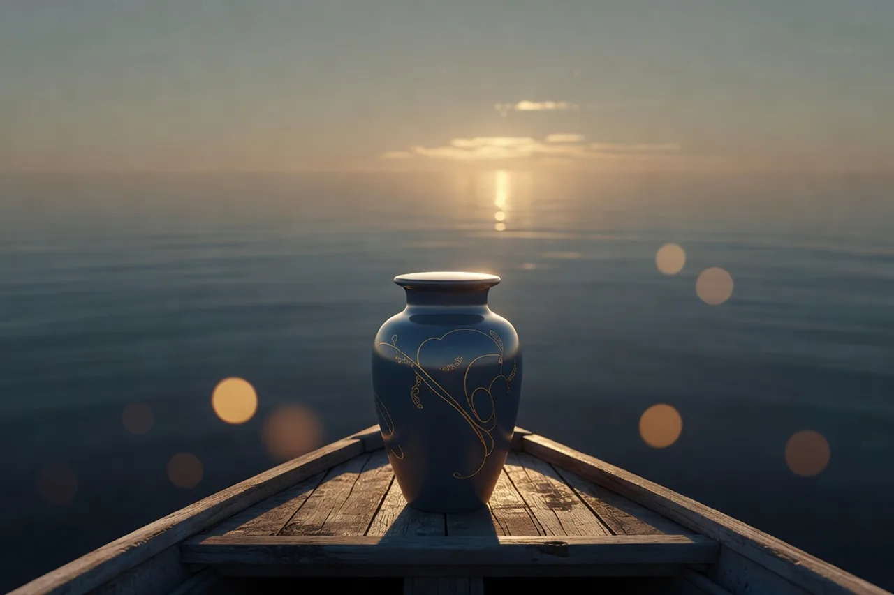 W&uuml;rdevolle Urne auf einem Boot vor ruhiger See bei Abendd&auml;mmerung &ndash; CREMEXX&reg; Seebestattung